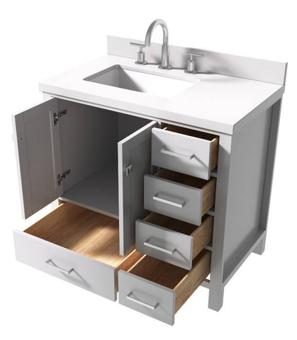 Image of Ariel Cambridge White Transitional 37" Left Offset Rectangle Sink Vanity w/ White Quartz Countertop | A037SLWQRVOWHT