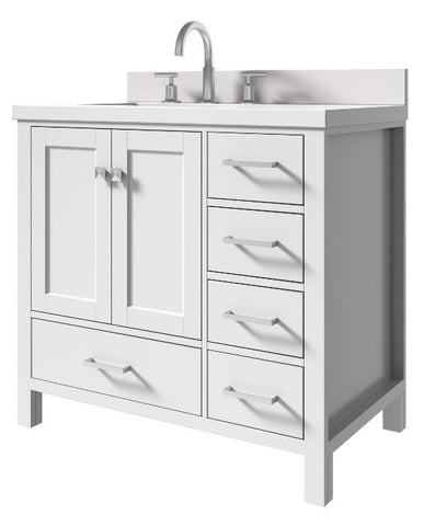 Image of Ariel Cambridge White Transitional 37" Left Offset Rectangle Sink Vanity w/ White Quartz Countertop | A037SLWQRVOWHT
