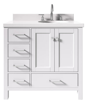 Ariel Cambridge White Transitional 37" Right Offset Rectangle Sink Vanity w/ White Quartz Countertop | A037SRWQOVOWHT