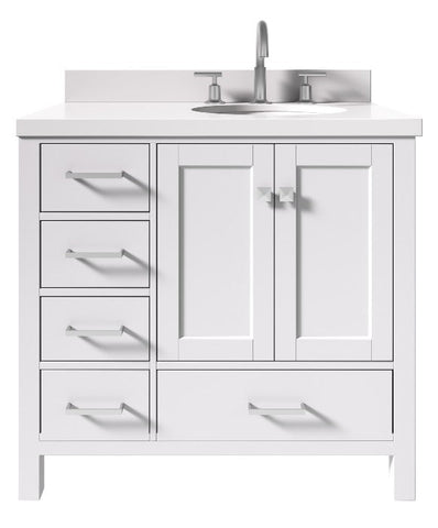 Image of Ariel Cambridge White Transitional 37" Right Offset Rectangle Sink Vanity w/ White Quartz Countertop | A037SRWQOVOWHT