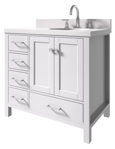 Image of Ariel Cambridge White Transitional 37" Right Offset Rectangle Sink Vanity w/ White Quartz Countertop | A037SRWQOVOWHT