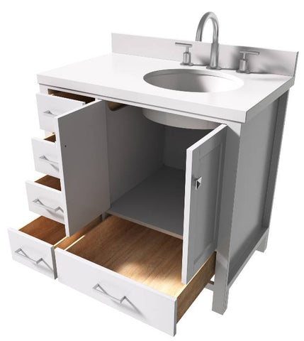 Image of Ariel Cambridge White Transitional 37" Right Offset Rectangle Sink Vanity w/ White Quartz Countertop | A037SRWQOVOWHT