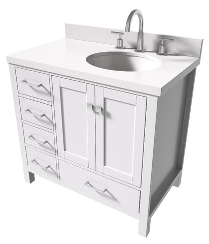 Image of Ariel Cambridge White Transitional 37" Right Offset Rectangle Sink Vanity w/ White Quartz Countertop | A037SRWQOVOWHT