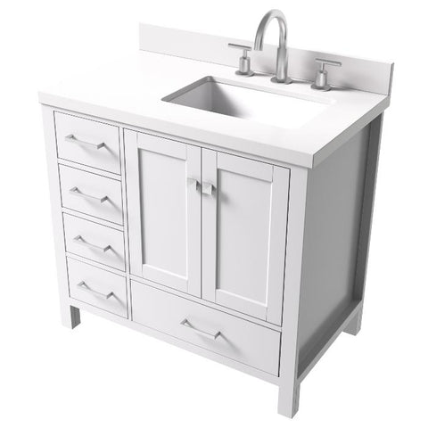 Image of Ariel Cambridge White Transitional 37" Right Offset Rectangle Sink Vanity w/ White Quartz Countertop | A037SRWQRVOWHT