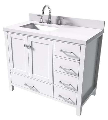 Image of Ariel Cambridge White Transitional 43" Left Offset Rectangle Sink Vanity w/ White Quartz Countertop | A043SLWQRVOWHT