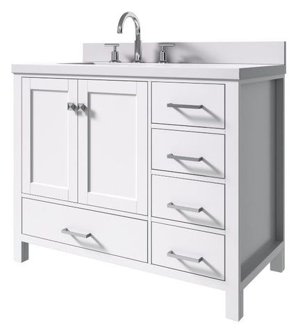 Image of Ariel Cambridge White Transitional 43" Left Offset Rectangle Sink Vanity w/ White Quartz Countertop | A043SLWQRVOWHT