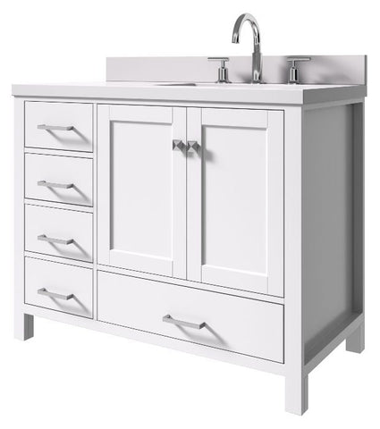 Image of Ariel Cambridge White Transitional 43" Right Offset Rectangle Sink Vanity w/ White Quartz Countertop | A043SRWQRVOWHT A043SRWQRVOWHT