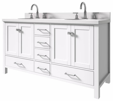 Image of Ariel Cambridge White Transitional 61" Double Oval Sink Vanity w/ White Quartz Countertop | A061DWQOVOWHT