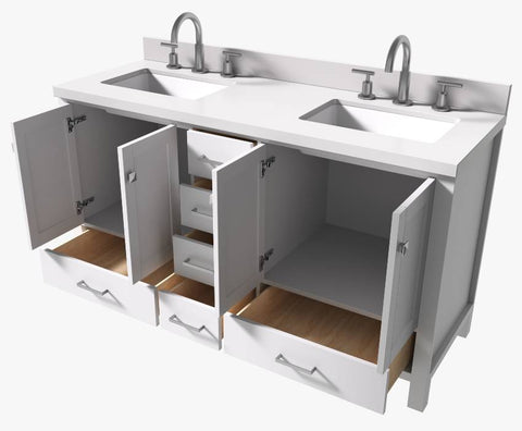 Image of Ariel Cambridge White Transitional 61" Double Rectangle Sink Vanity w/ White Quartz Countertop | A061DWQRVOWHT A061DWQRVOWHT