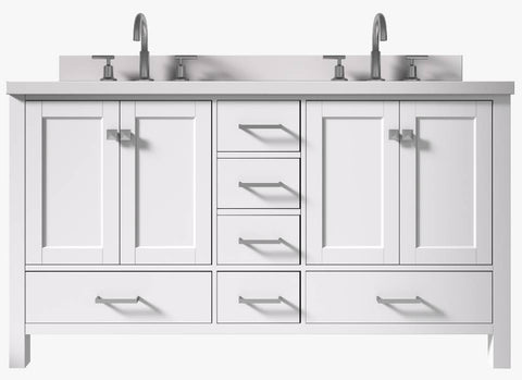 Image of Ariel Cambridge White Transitional 61" Double Rectangle Sink Vanity w/ White Quartz Countertop | A061DWQRVOWHT A061DWQRVOWHT