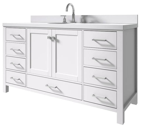 Image of Ariel Cambridge White Transitional 61" Oval Sink Vanity w/ White Quartz Countertop | A061SWQOVOWHT