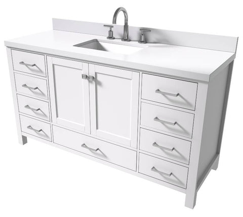 Image of Ariel Cambridge White Transitional 61" Rectangle Sink Vanity w/ White Quartz Countertop | A061SWQRVOWHT A061SWQRVOWHT