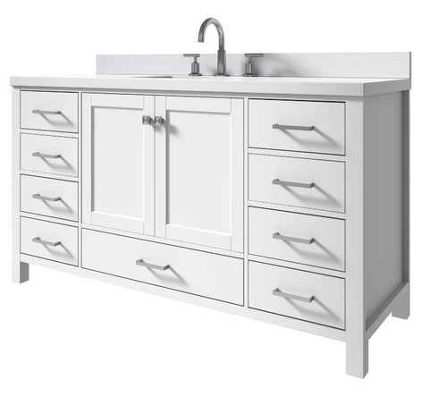 Image of Ariel Cambridge White Transitional 61" Rectangle Sink Vanity w/ White Quartz Countertop | A061SWQRVOWHT A061SWQRVOWHT