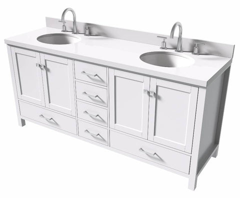Image of Ariel Cambridge White Transitional 73" Double Oval Sink Vanity w/ White Quartz Countertop | A073DWQOVOWHT A073DWQOVOWHT