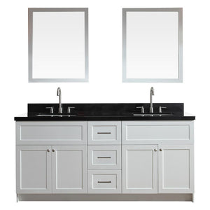 Ariel Hamlet 73" Double Sink Vanity Set with Absolute Black Granite Countertop in White F073D-AB-WHT