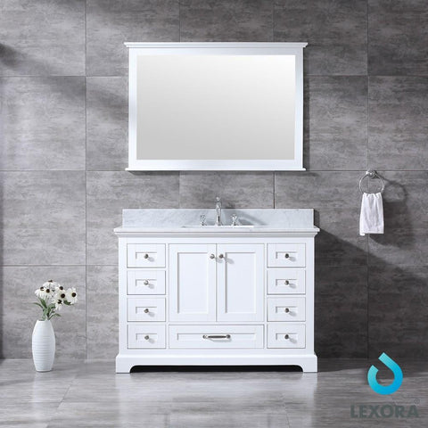 Image of Dukes 48" White Single Vanity | White Carrara Marble Top | White Square Sink and 46" Mirror