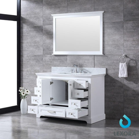 Image of Dukes 48" White Single Vanity | White Carrara Marble Top | White Square Sink and 46" Mirror
