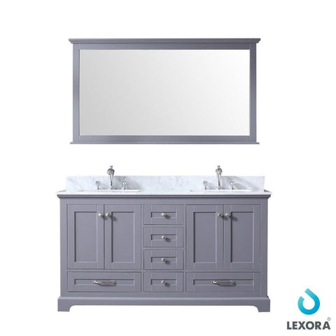 Image of Dukes 60" Dark Grey Double Vanity | White Carrara Marble Top | White Square Sinks and 58" Mirror