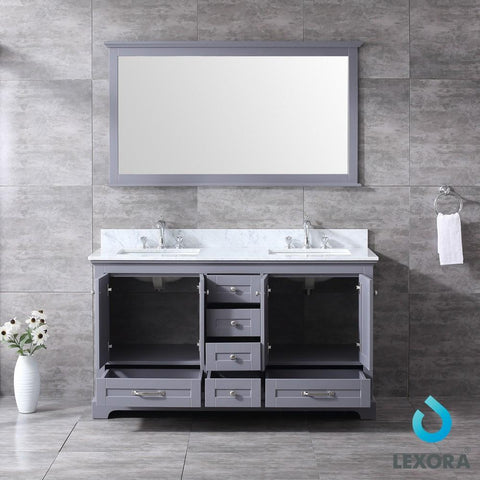 Dukes 60" Dark Grey Double Vanity | White Carrara Marble Top | White Square Sinks and 58" Mirror
