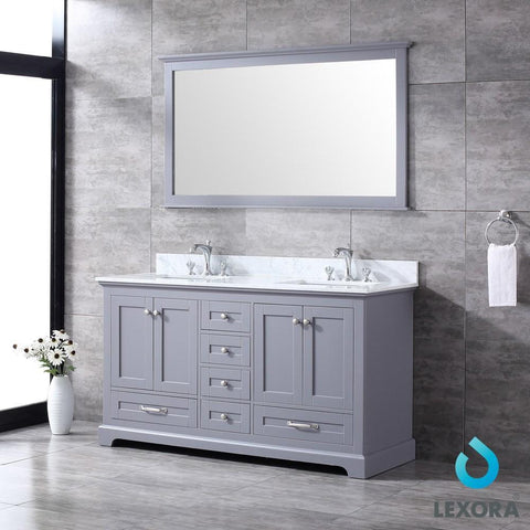 Image of Dukes 60" Dark Grey Double Vanity | White Carrara Marble Top | White Square Sinks and 58" Mirror
