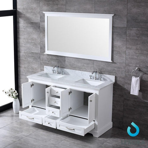 Image of Dukes 60" White Double Vanity | White Carrara Marble Top | White Square Sinks and 58" Mirror