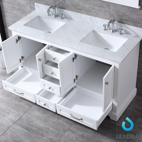 Dukes 60" White Double Vanity | White Carrara Marble Top | White Square Sinks and 58" Mirror
