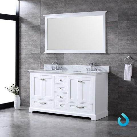 Dukes 60" White Double Vanity | White Carrara Marble Top | White Square Sinks and 58" Mirror