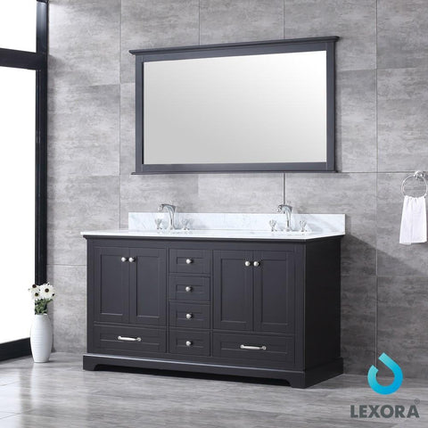 Image of Dukes 60" Espresso Double Vanity | White Carrara Marble Top | White Square Sinks and 58" Mirror