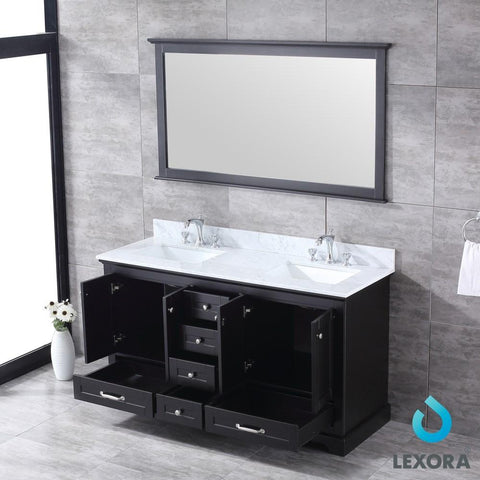 Image of Dukes 60" Espresso Double Vanity | White Carrara Marble Top | White Square Sinks and 58" Mirror
