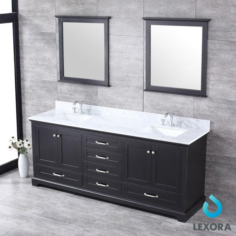 Dukes 80" Espresso Double Vanity | White Carrara Marble Top | White Square Sinks and 30" Mirrors