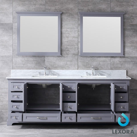 Image of Dukes 84" Dark Grey Double Vanity | White Carrara Marble Top | White Square Sinks and 34" Mirrors