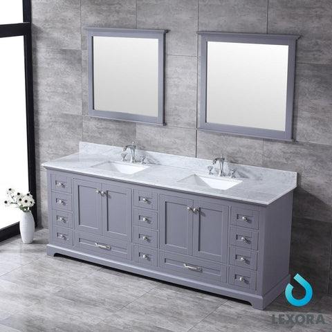 Image of Dukes 84" Dark Grey Double Vanity | White Carrara Marble Top | White Square Sinks and 34" Mirrors