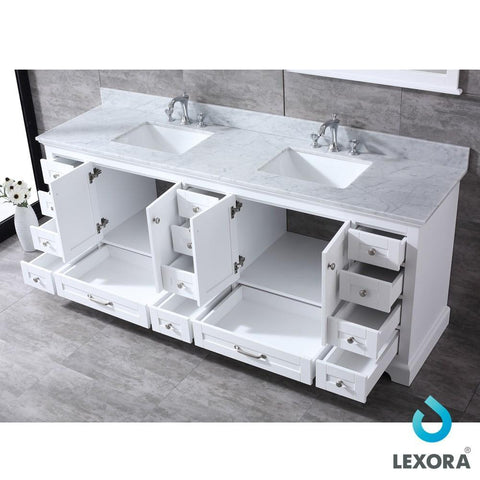 Image of Dukes 84" White Double Vanity | White Carrara Marble Top | White Square Sinks and 34" Mirrors