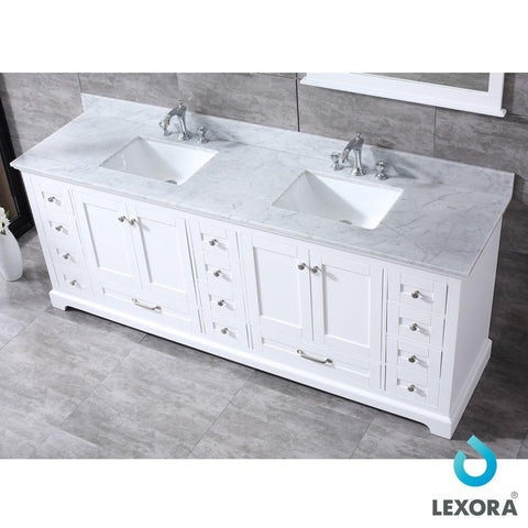 Image of Dukes 84" White Double Vanity | White Carrara Marble Top | White Square Sinks and 34" Mirrors