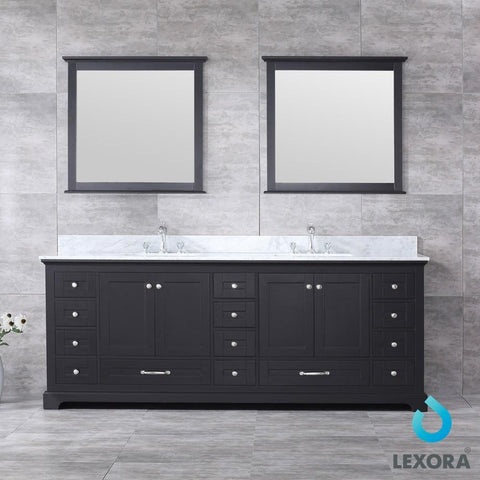 Image of Dukes 84" Espresso Double Vanity | White Carrara Marble Top | White Square Sinks and 34" Mirrors
