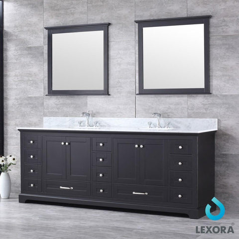 Image of Dukes 84" Espresso Double Vanity | White Carrara Marble Top | White Square Sinks and 34" Mirrors