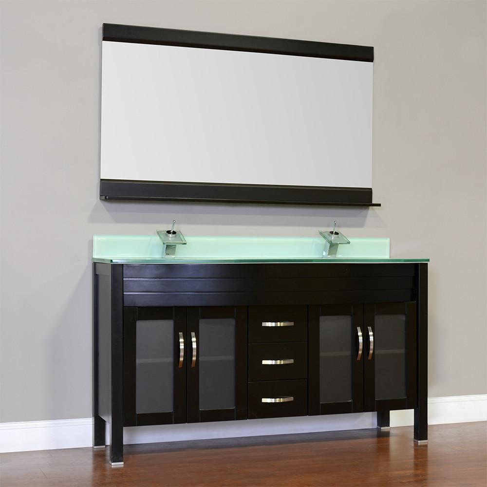 Elite 60" Double Modern Bathroom Vanity - Black with White Glass Top and Mirror AW-082-60-B-WGT-2M24