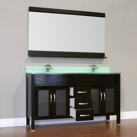 Image of Elite 60" Double Modern Bathroom Vanity - Black with White Glass Top and Mirror AW-082-60-B-WGT-2M24