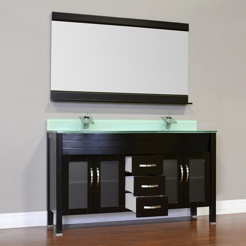 Elite 72" Double Modern Bathroom Vanity - Black with White Glass Top and Mirror AW-082-72-B-WGT-2M24
