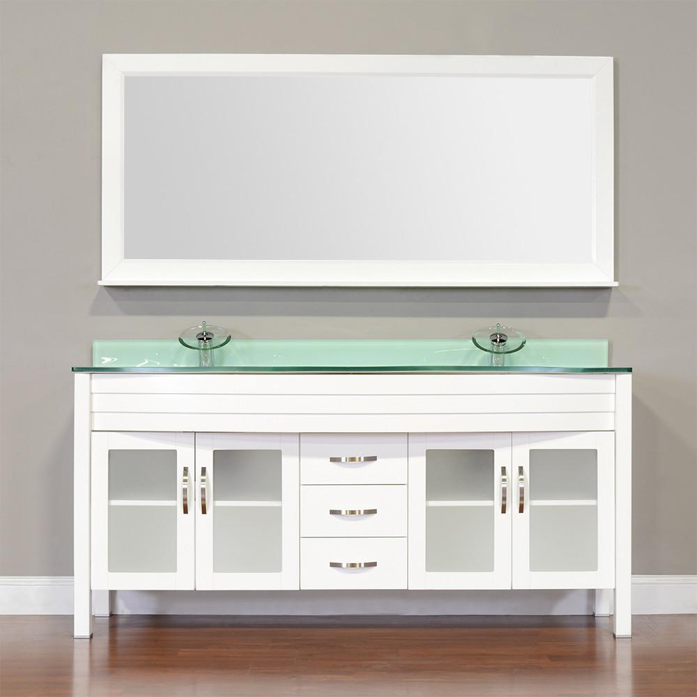 Elite 72" Double Modern Bathroom Vanity - White with White Glass Top and Mirror AW-082-72-W-WGT-2M24
