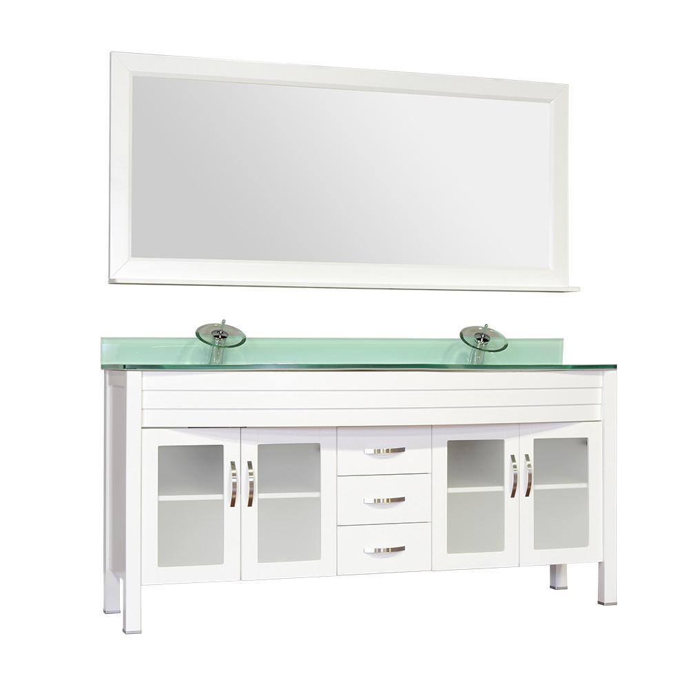Elite 72" Double Modern Bathroom Vanity - White with White Glass Top and Mirror AW-082-72-W-WGT-2M24