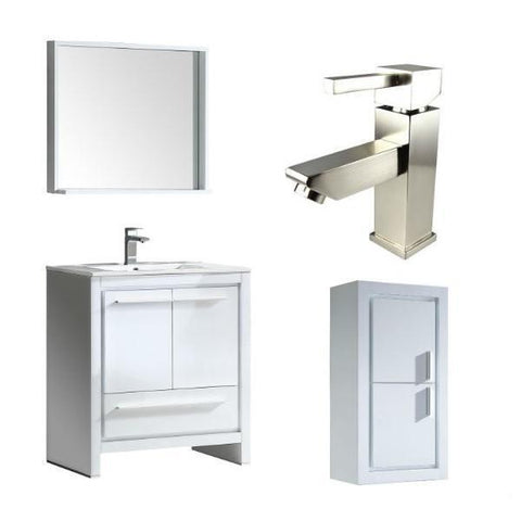 Image of Fresca Allier 30" White Modern Single Bathroom Vanity w/ Mirror FVN8130 FVN8130WH-FFT1030BN-FST8140WH