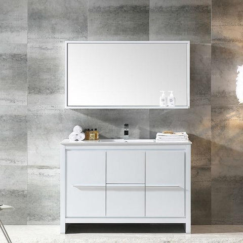 Image of Fresca Allier 48" White Modern Single Bathroom Vanity w/ Mirror FVN8148 FVN8148WH-FFT1030BN