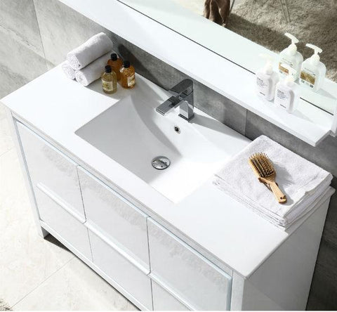 Fresca Allier 48" White Modern Single Bathroom Vanity w/ Mirror FVN8148 FVN8148WH-FFT1030BN