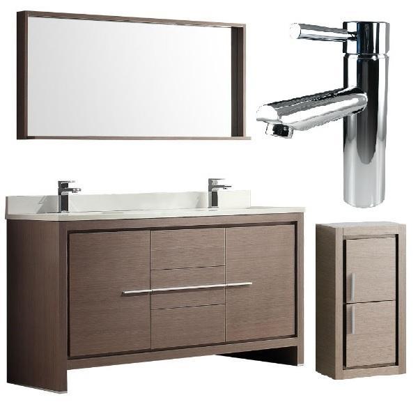 Fresca Allier 60" Gray Oak Modern Double Sink Bathroom Vanity w/ Mirror FVN8119 FVN8119GO-FFT1040CH-FST8140GO
