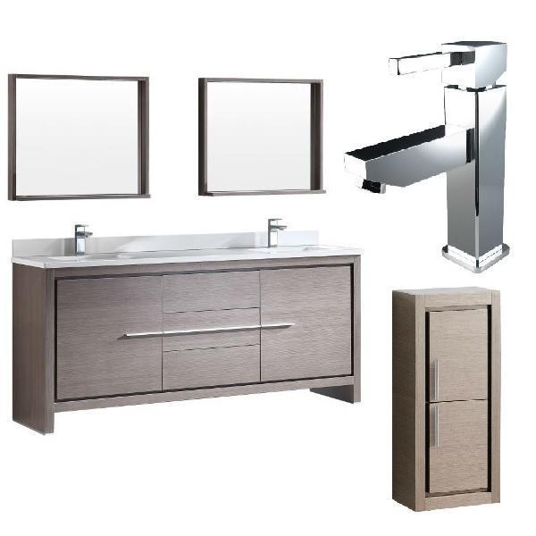 Fresca Allier 72" Gray Oak Modern Double Sink Bathroom Vanity w/ Mirror FVN8172 FVN8172GO-FFT1030CH-FST8140GO