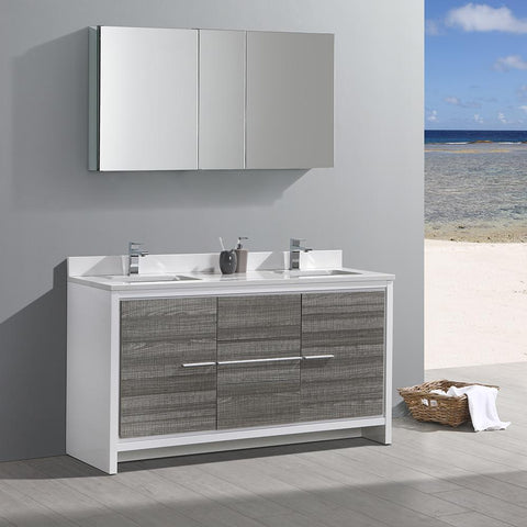 Image of Fresca Allier Rio 60" Ash Gray Double Sink Bathroom Vanity FVN8119HA-FFT1030BN