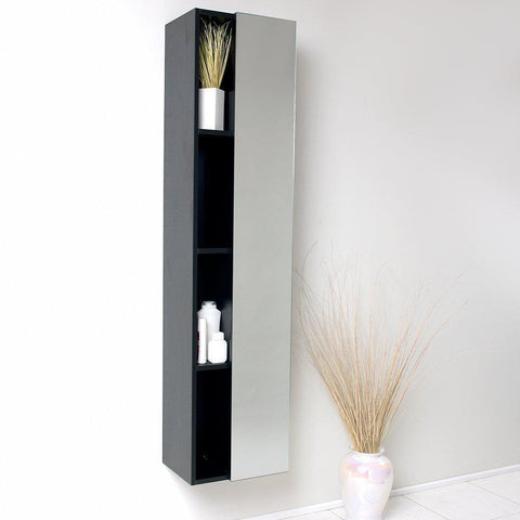 Image of Fresca Black Bathroom Linen Side Cabinet w/ 4 Cubby Holes & Mirror FST8070BW
