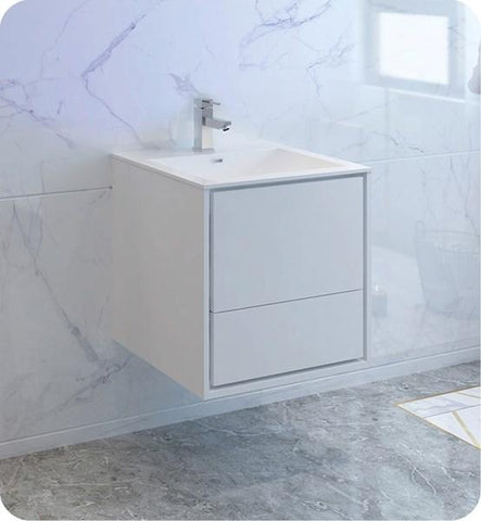 Image of Fresca Catania 24" Glossy White Wall Hung Modern Bathroom Cabinet w/ Integrated Sink | FCB9224WH-I