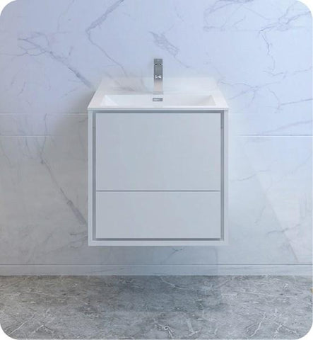 Fresca Catania 24" Glossy White Wall Hung Modern Bathroom Cabinet w/ Integrated Sink | FCB9224WH-I